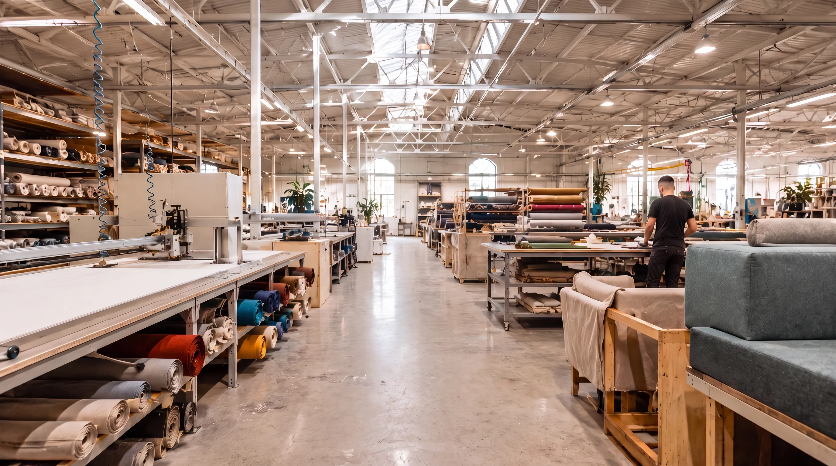 Wide view of a BELANDA factory hall in Poland - cutting tables, rolls of upholstery fabric and sofas in production