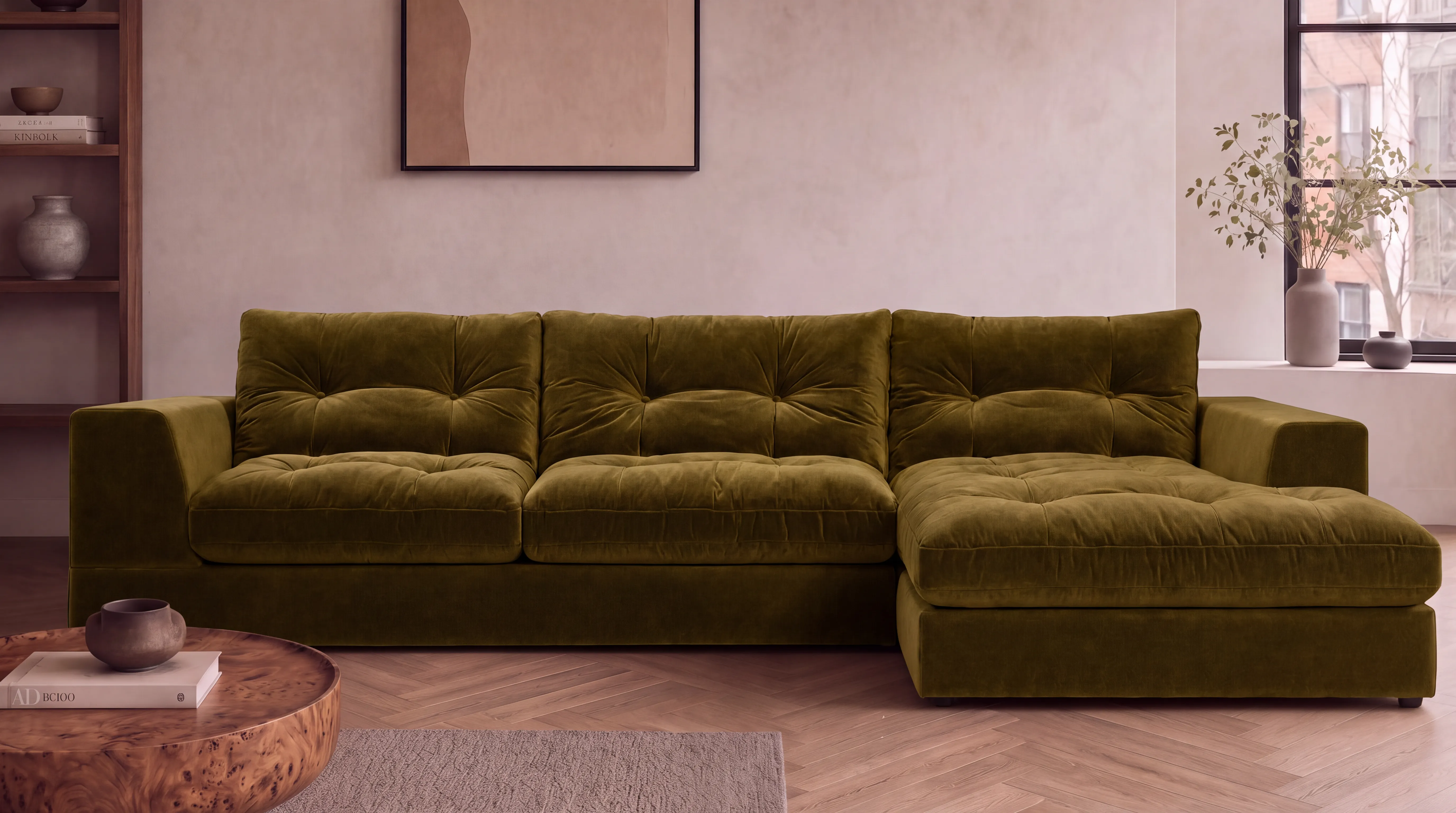 Olive green modular sofa with a chaise