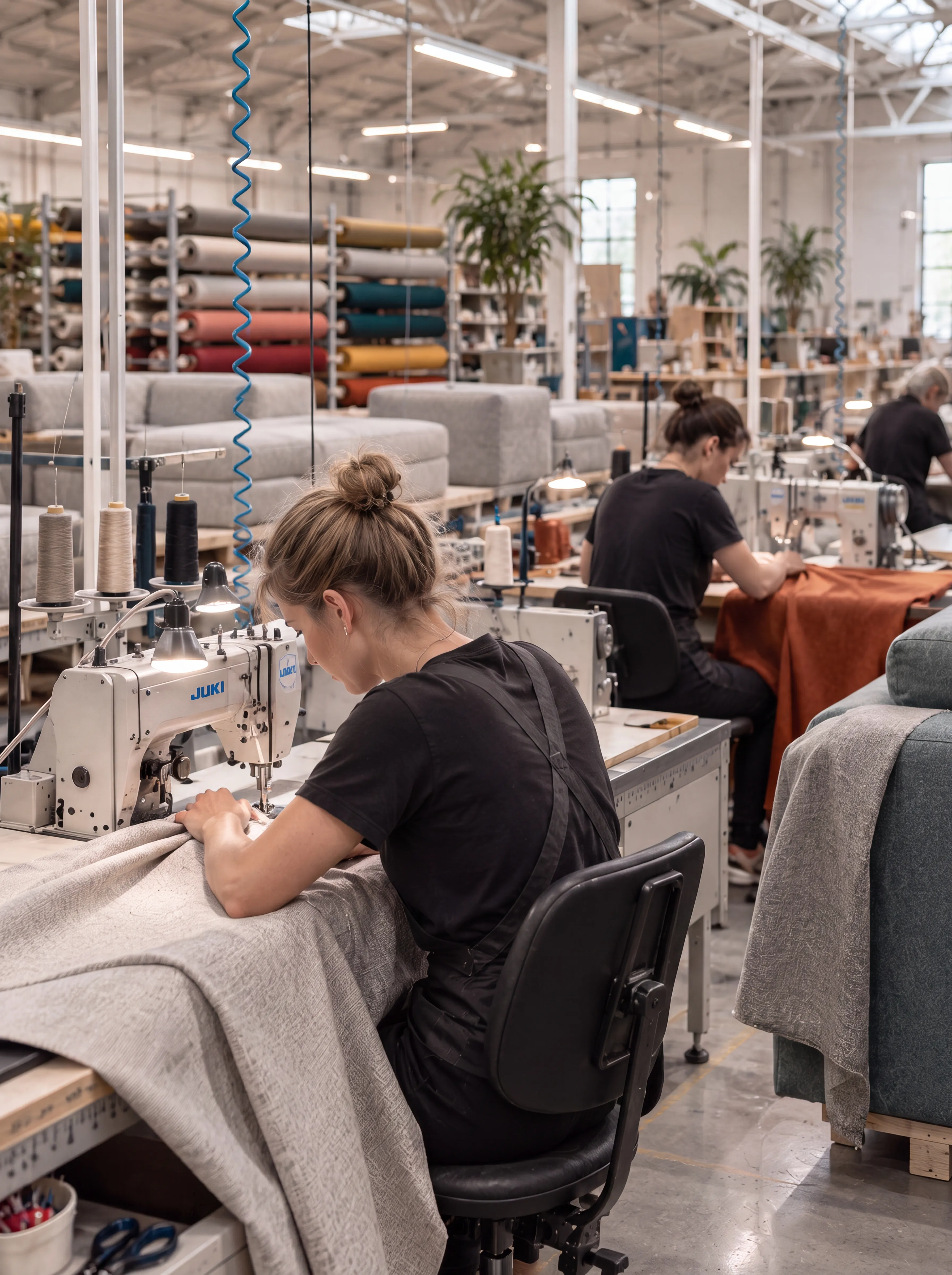 Seamstresses at industrial sewing machines in a BELANDA factory, with rolls of upholstery fabric behind them