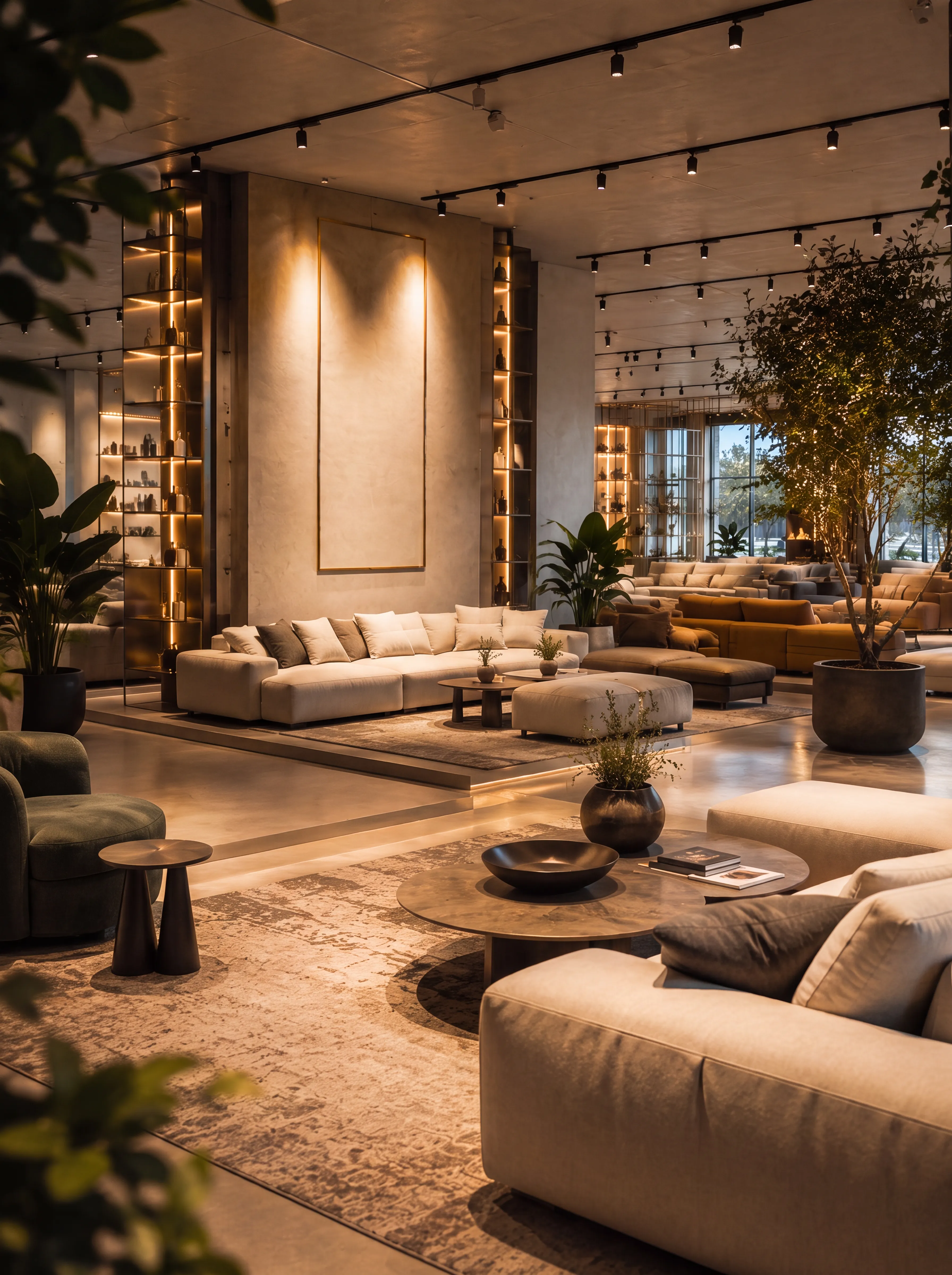 The BELANDA showroom floor at dusk - modular sofas, armchairs and low tables arranged across rugs under warm track lighting