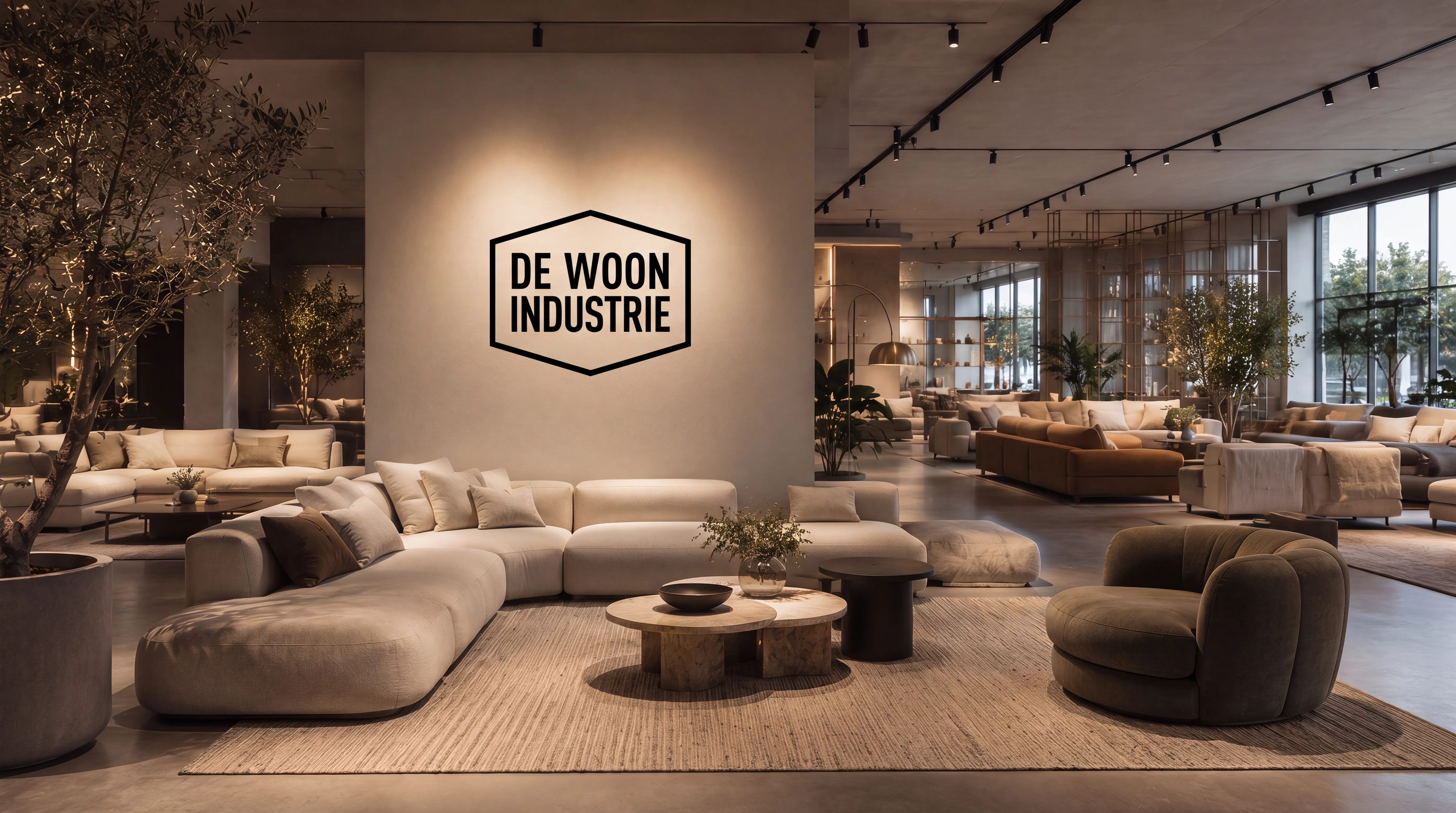 The BELANDA stand at De Woon Industrie in Nieuwegein - modular sofas and armchairs on a wool rug, with the De Woon Industrie logo on the wall behind